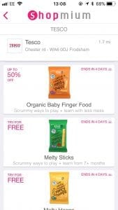Screenshot showing current offers on shopmium supermarket cashback app - free baby snacks and 50% off baby finger food