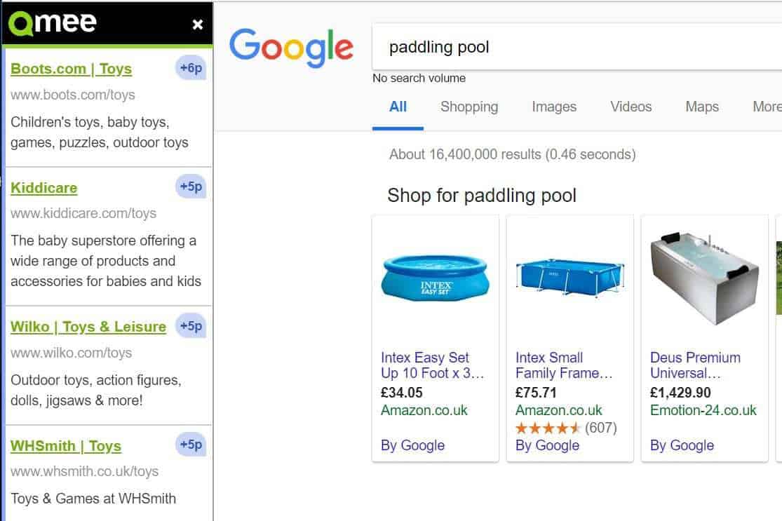 Qmee sponsored search results showing paddling pools and Boots.com 6p reward.