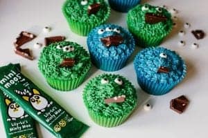 green and blue monster iced cupcakes