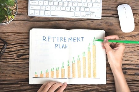 retirement plan graph with keyboard next to plant