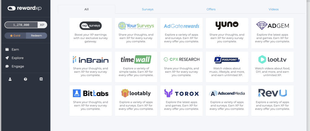 Screenshot of reward XP Earn page, showing survey routers and offerwalls