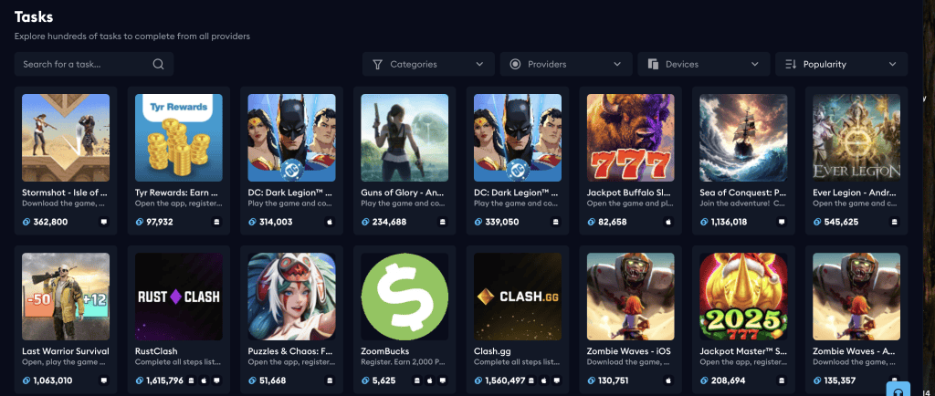 Available EarnLab tasks showing surveys and app offers to earn coins