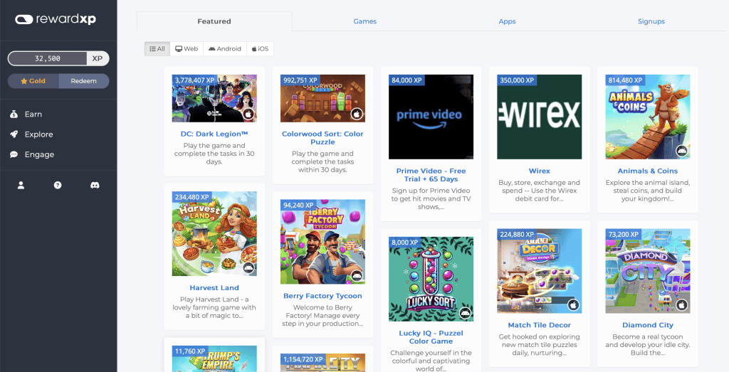 Reards XP home page showing feautured offers