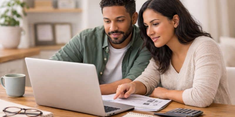 Couple sitting at table looking at laptop