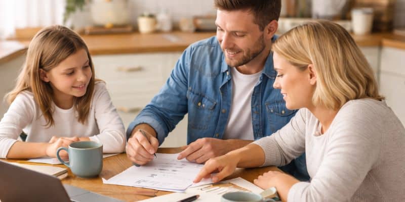 Family sat round table working out budget