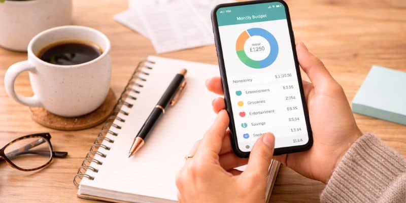 Hands holding phone showing monthly budget over desk with coffee and notepad.