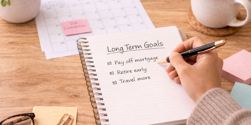 Notebook showing list of long term goals, pay off mortgagem retire early, travel more