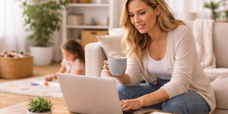 Woman working from home with a laptop and coffee while child pays on a mat behind her.